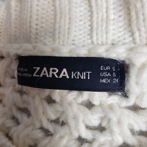 Zara Knit Women Ivory Crochet Pom Pom Cropped Sweater Small Wool Blend - Picture 7 of 10